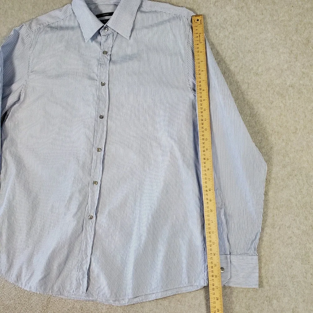Vintage Gucci Mens Blue White Pinstripe Fitted Button Up Shirt Italy Made 46 18